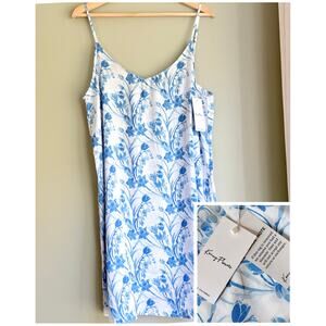 Kenny Flowers Floral Strappy Slip Dress Blue White Resort Lounge Chemise L/XL